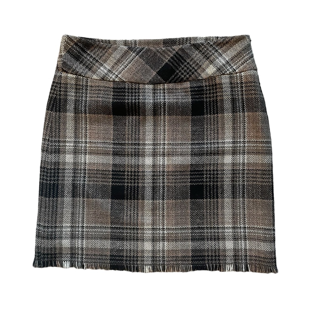Eddie Bauer Brown Tartan Plaid Wool Blend Mini skirt with frayed hem, li…